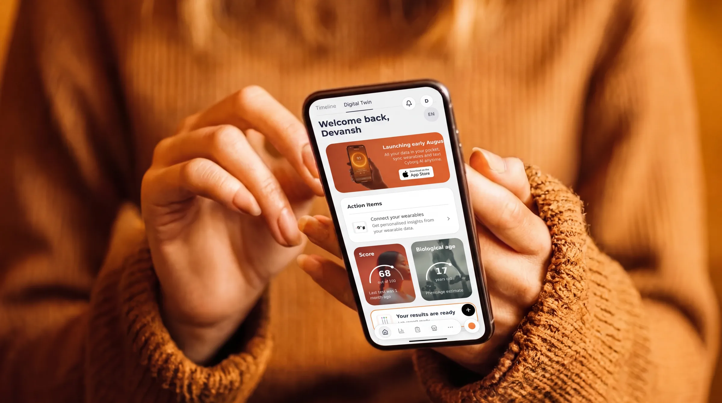 A hand holding the CYBORG app showing a score of 93